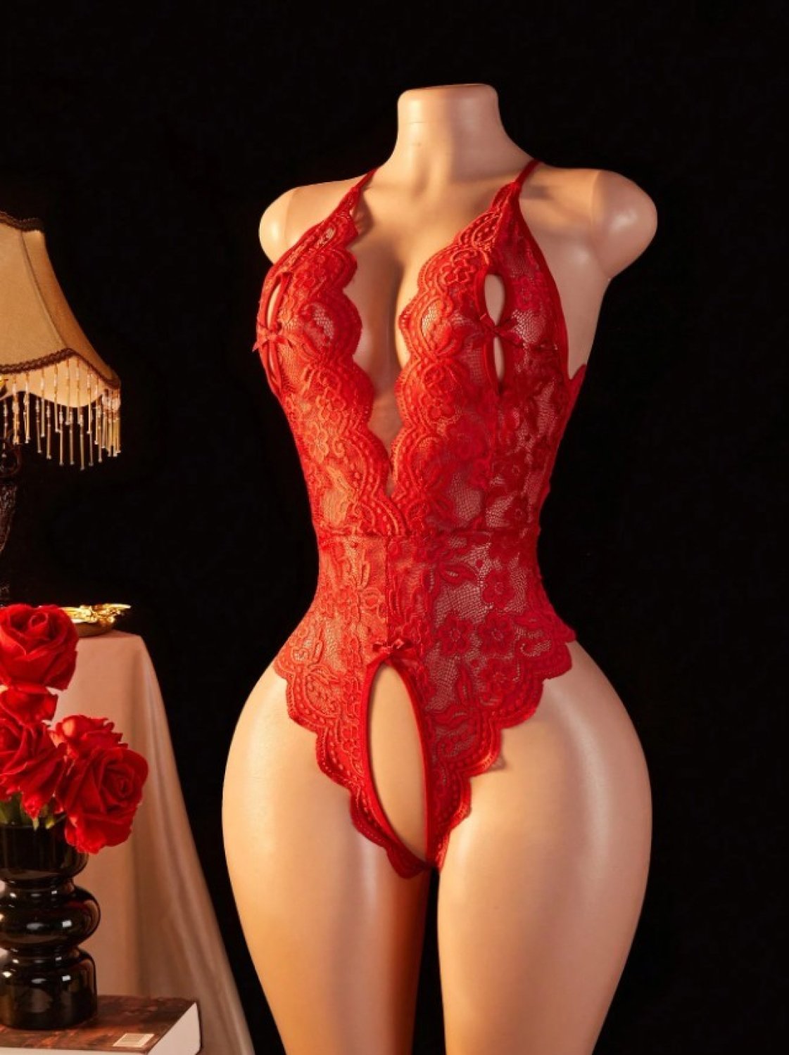 Kırmızı Özel Bölgesi ve Sırtı Açık Babydoll Seksi Gecelik