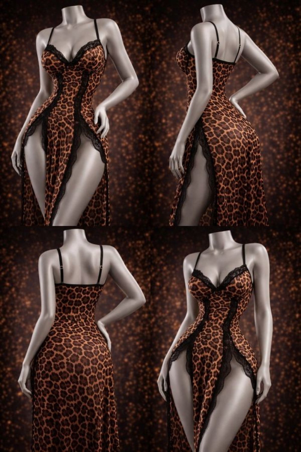 Leopar Desenli Yırtmaçlı G-String Tanga Dahil Seksi Kadın Fantezi Gecelik Takımı 