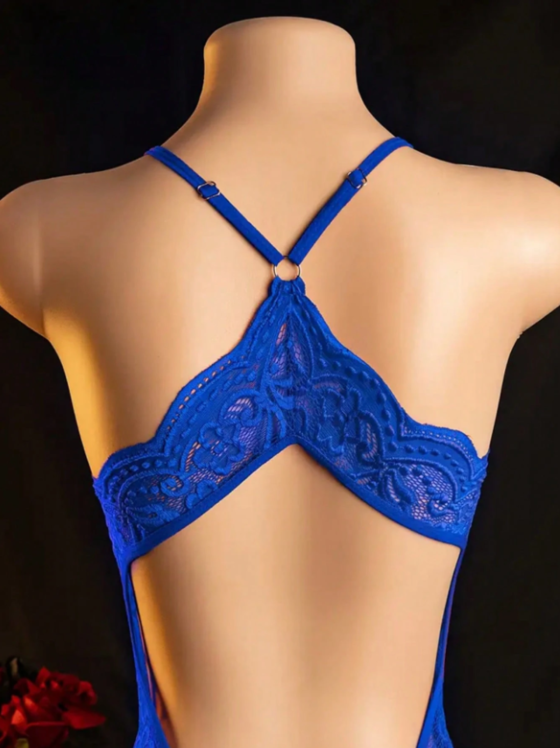 Mavi-Kırmızı Özel Bölgesi Ve Sırtı Açık Dantel Detaylı Fantezi Gecelik Takım