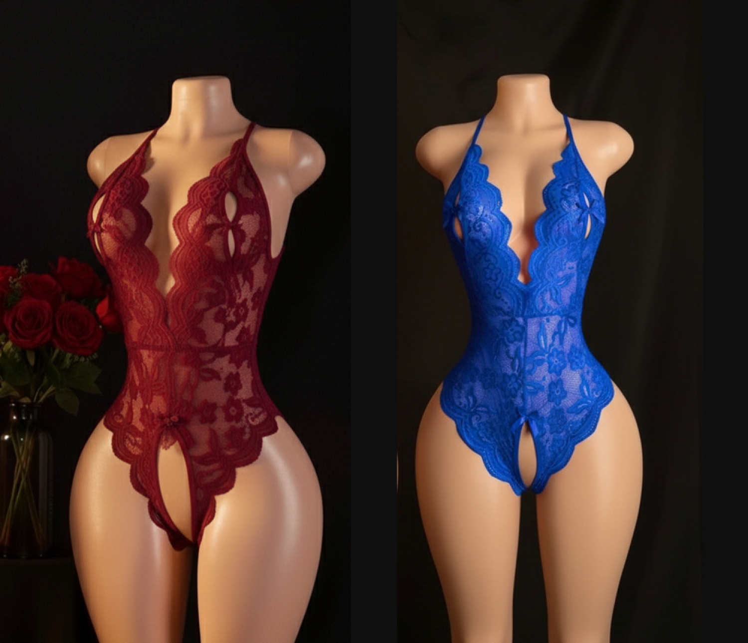 Mavi-Bordo Özel Bölgesi Ve Sırtı Açık Dantel Detaylı Fantezi Gecelik Takım