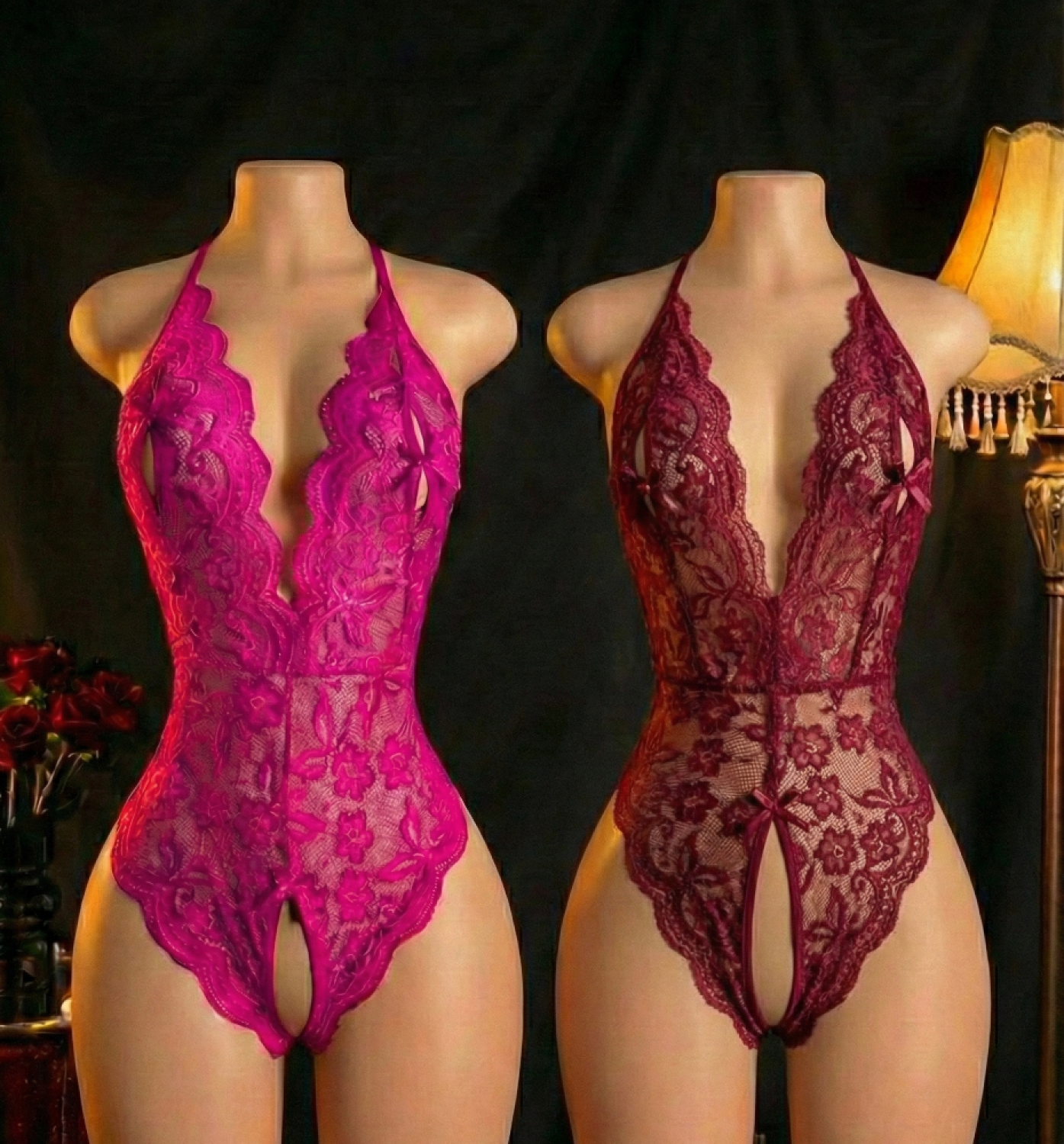 Fuşya-Bordo Özel Bölgesi Ve Sırtı Açık Dantel Detaylı Fantezi Gecelik Takım