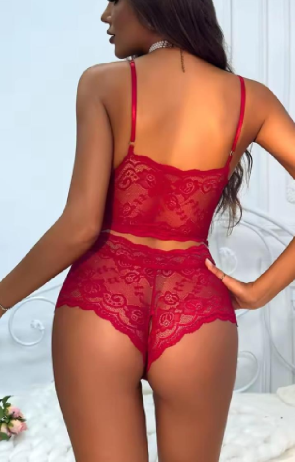 Kadın Kırmızı Dantel Crop Bralet ve Yüksek Bel Transparan Şort Takımı