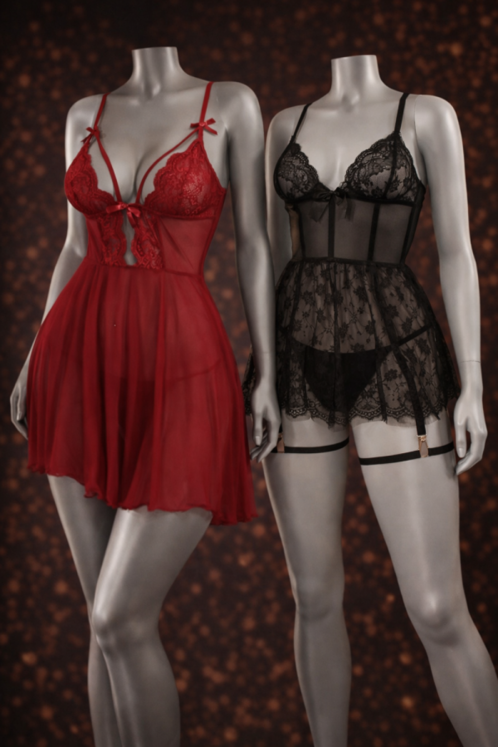 Siyah-Kırmızı Dantel Detaylı Göğüs Dekolteli Şık Transparan Tül Kadın Fantezi Gecelik Takımı Avantajlı 2 li Paket