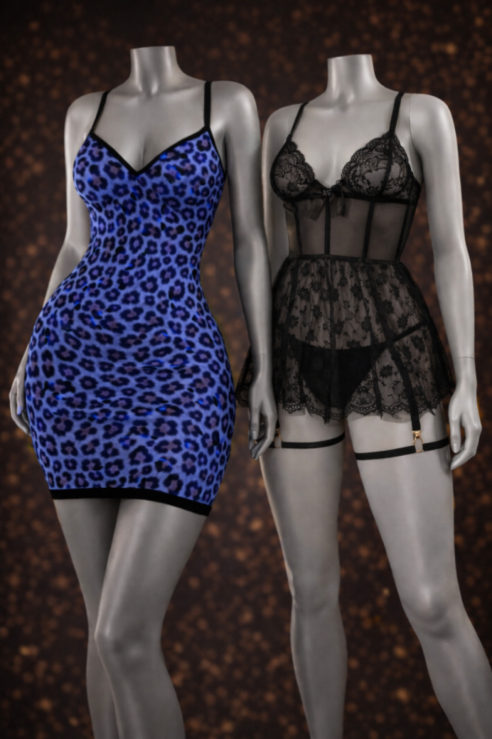 Mavi Leopar Desenli Arkası Çapraz Bağlamalı Ve Siyah Kelebek Baskılı Fantezi Gecelik Takımı Avantajlı 2 li paket