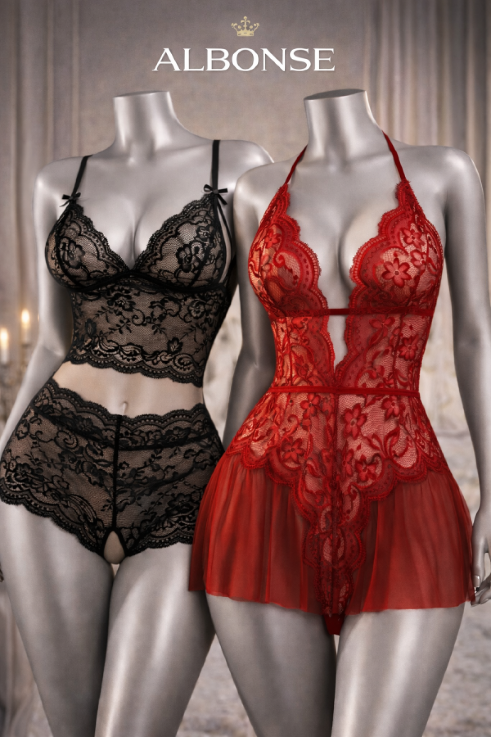 Siyah-Kırmızı Dantel Detaylı Zarif Özel Bölgeleri Açık Fantezi Gecelik Takımı 2 li Avantajlı Paket