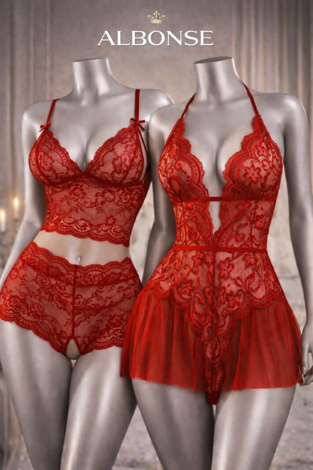 Kırmızı Dantel Detaylı Zarif Özel Bölgeleri Açık Fantezi Gecelik Takımı 2 li Avantajlı Paket