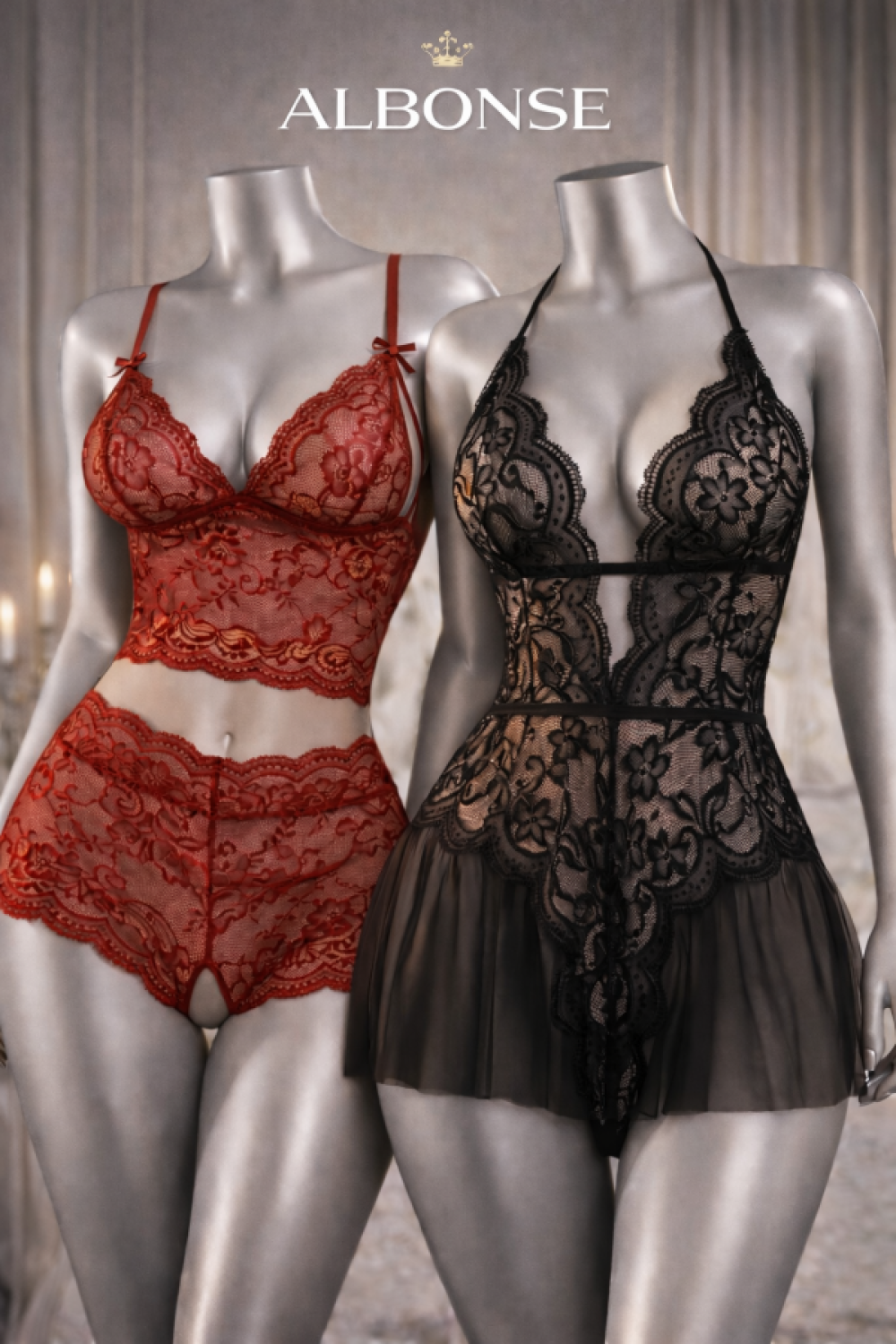 Kırmızı-Siyah Dantel Detaylı Zarif Özel Bölgeleri Açık Fantezi Gecelik Takımı 2 li Avantajlı Paket