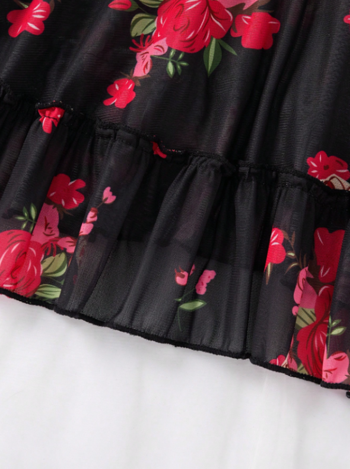 Siyah Kırmızı Gül Desenli Transparan Fantazi Gecelik Takımı 