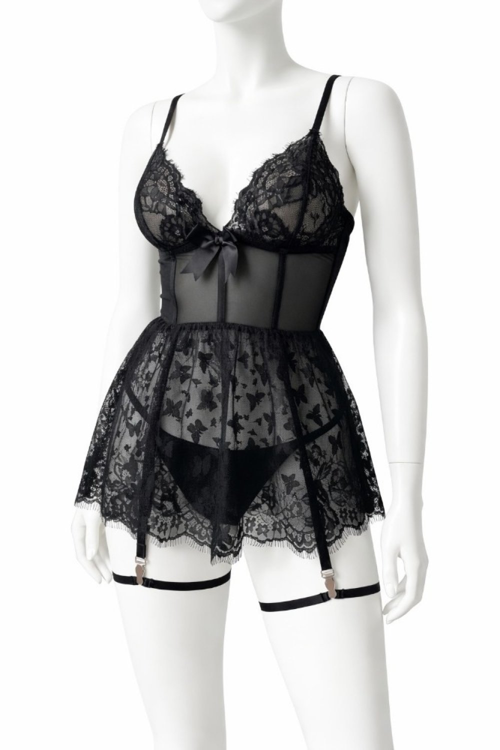 Romantik Gül Desenli Siyah Tül Babydoll Gecelik ve Dantel Detaylı Jartiyer Set