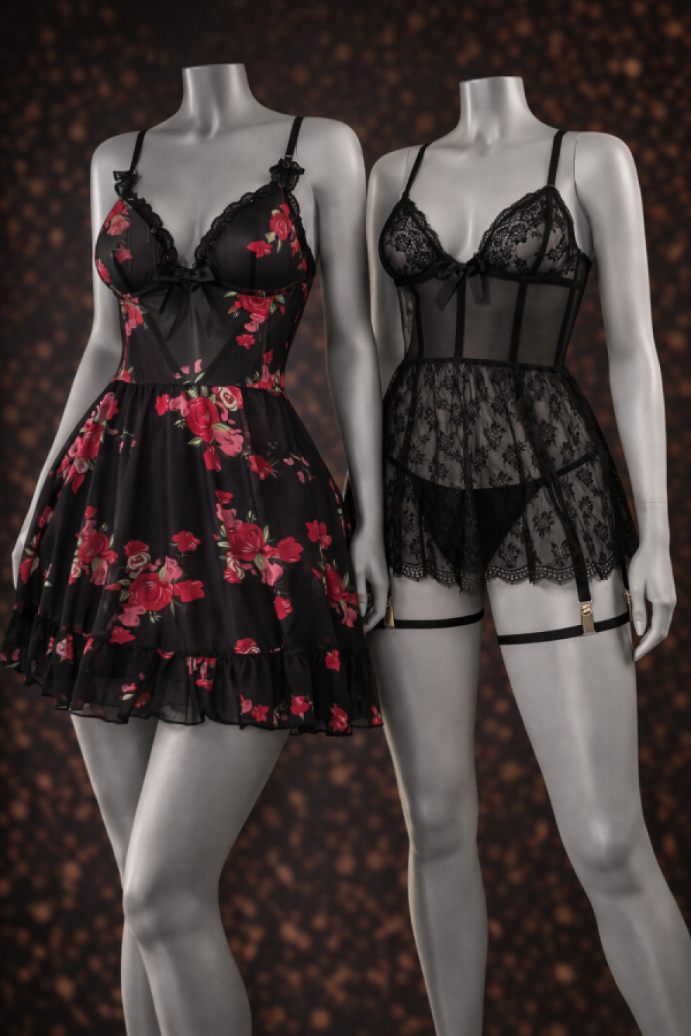 Romantik Gül Desenli Siyah Tül Babydoll Gecelik ve Dantel Detaylı Jartiyer Set