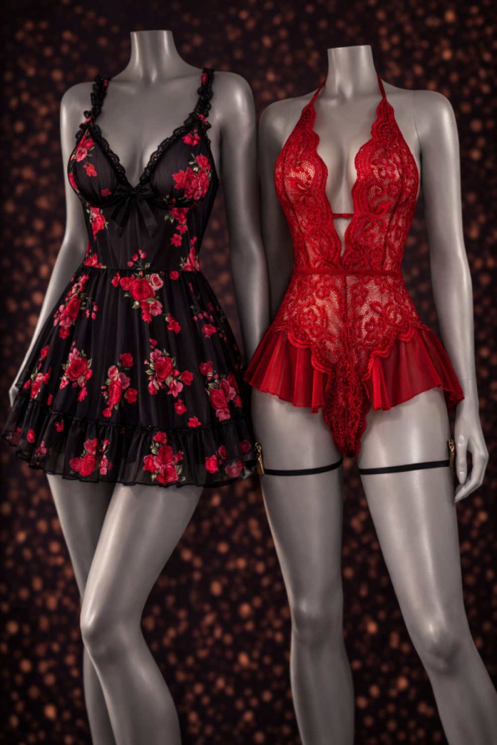 Romantik Koleksiyon Kırmızı Dantel Fantazi Gecelik ve Çiçek Baskılı Tül Babydoll Kombin Set