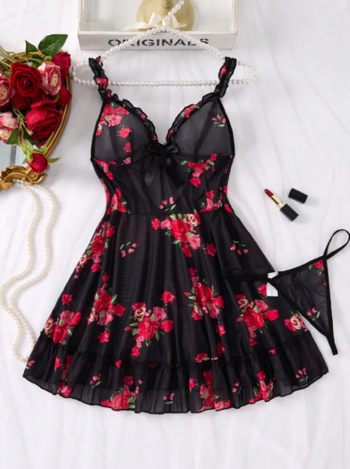 Leopar Desenli V Yaka Mini Gecelik ile Siyah Gül Baskılı Transparan Babydoll İç Giyim Set