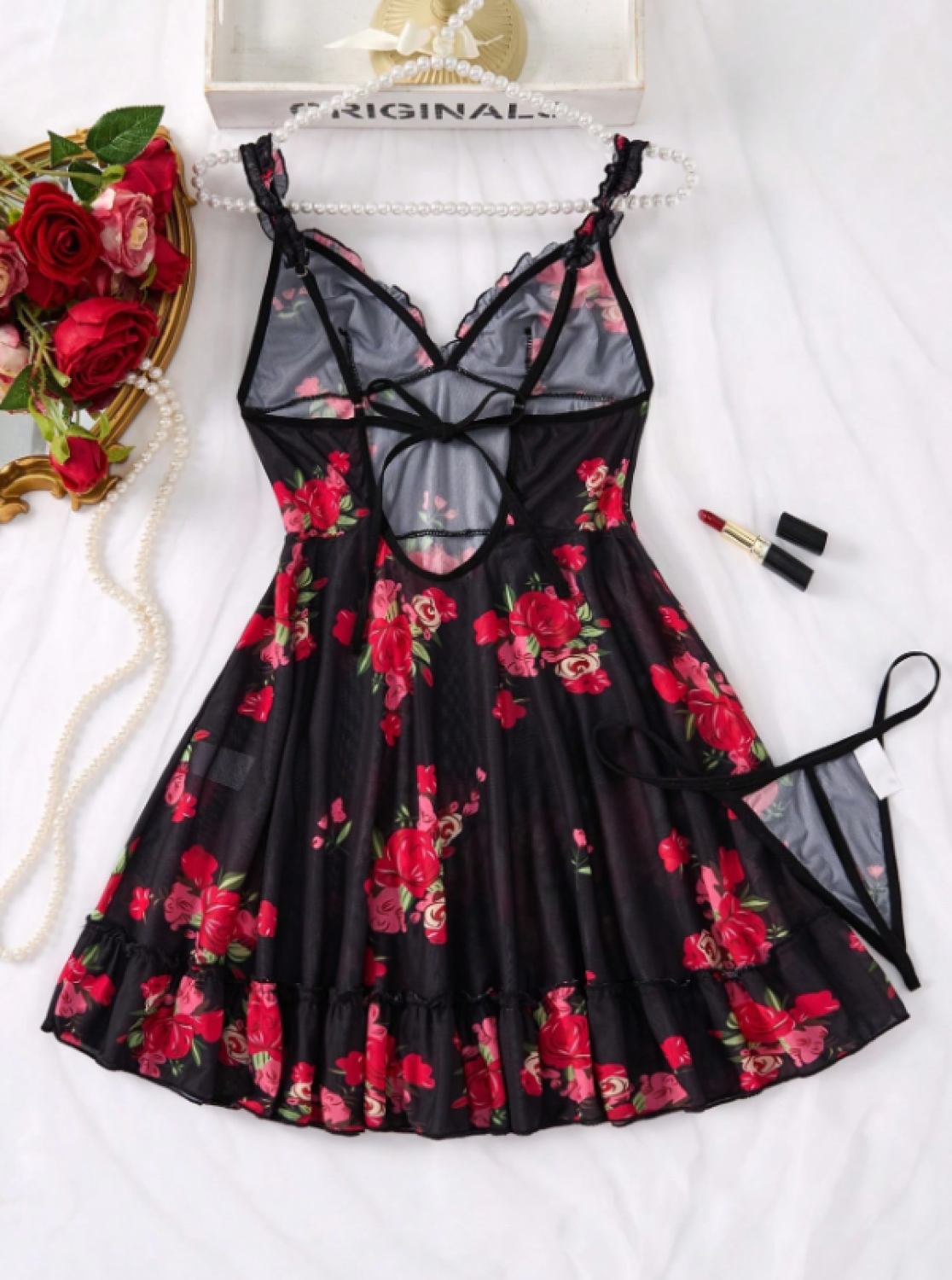 Leopar Desenli V Yaka Mini Gecelik ile Siyah Gül Baskılı Transparan Babydoll İç Giyim Set