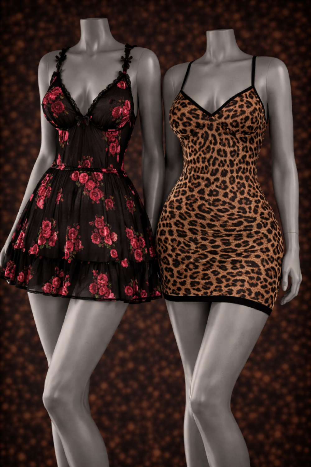 Leopar Desenli V Yaka Mini Gecelik ile Siyah Gül Baskılı Transparan Babydoll İç Giyim Set