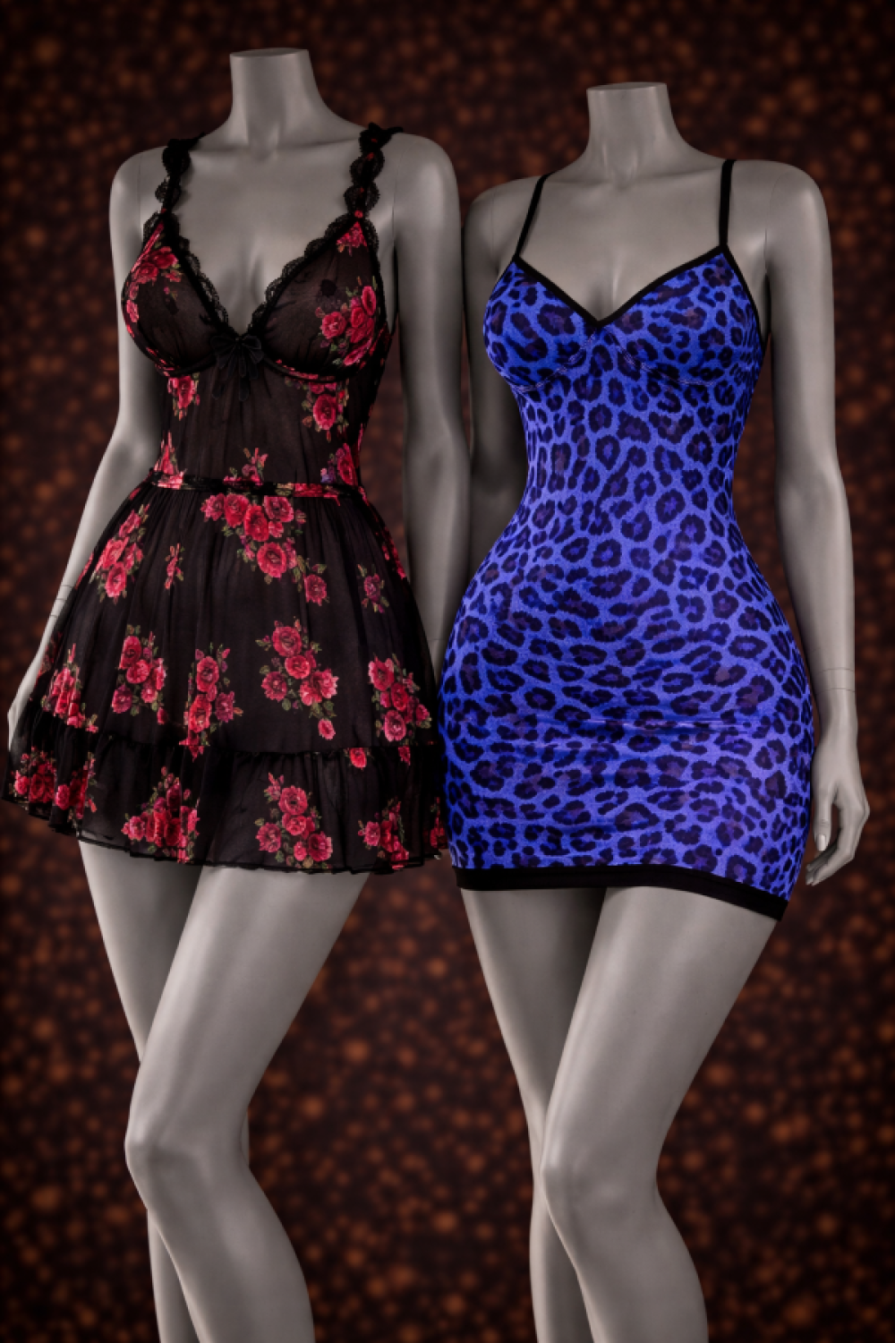 Mor Leopar Desenli V Yaka Mini Gecelik ile Siyah Gül Baskılı Transparan Babydoll İç Giyim Set