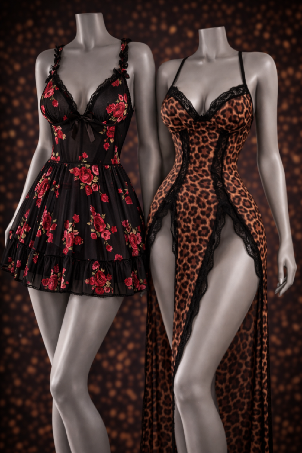 Leopar Yırtmaçlı Uzun Gecelik Gül Desenli Transparan Babydoll Takımı