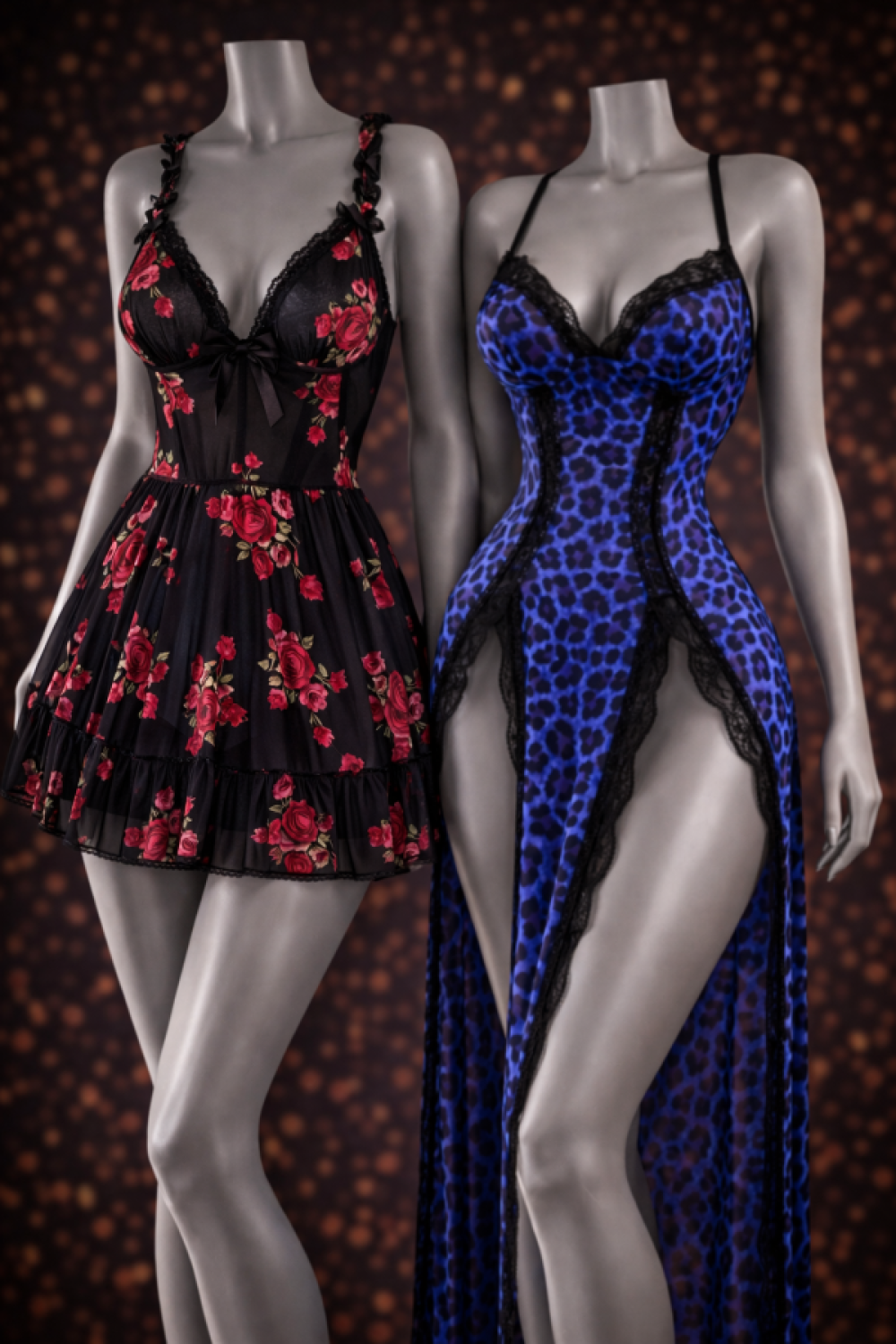 Mavi Leopar Yırtmaçlı Uzun Gecelik Gül Desenli Transparan Babydoll Takımı