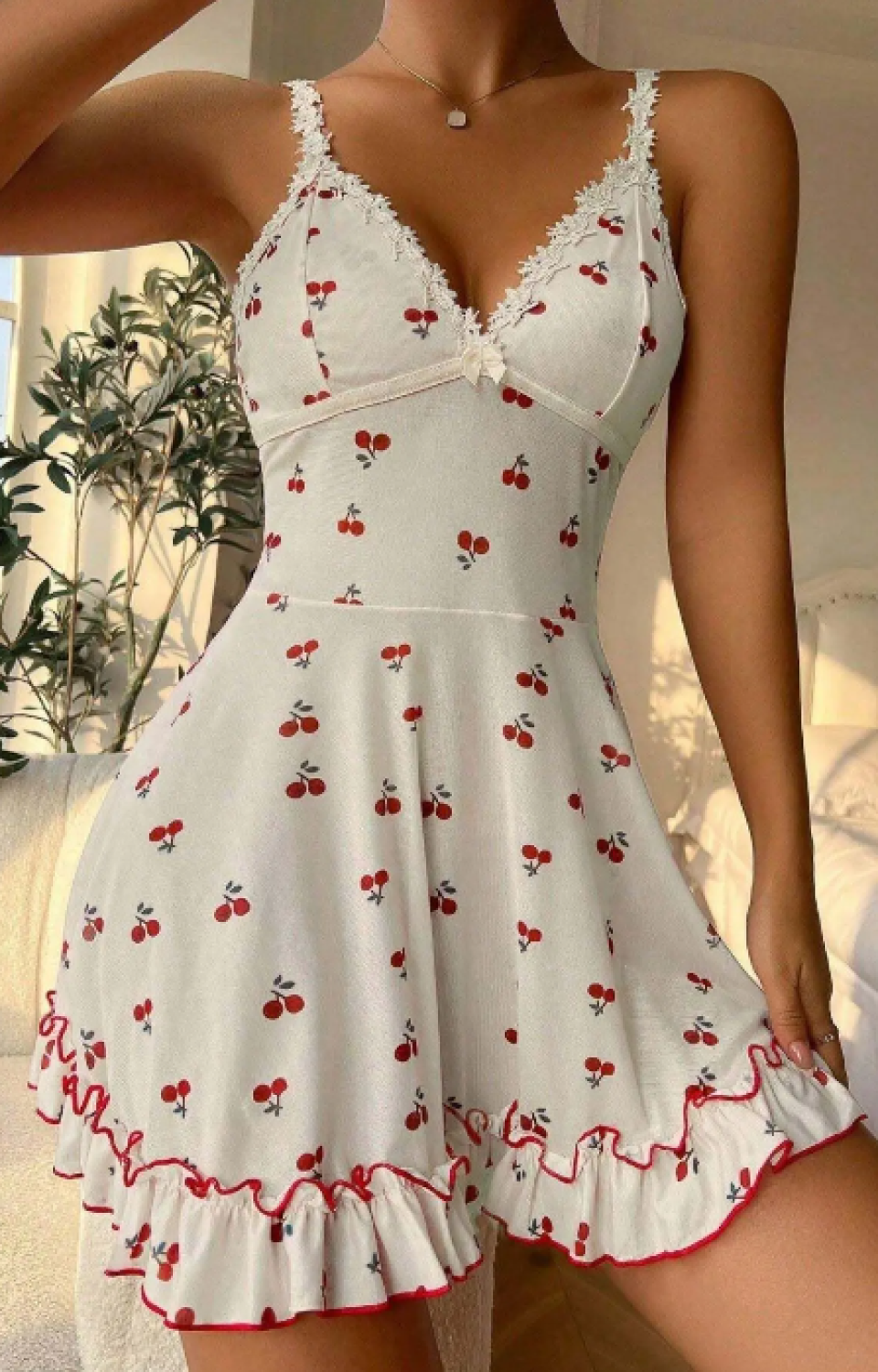 Kadın Beyaz Kiraz Baskılı Mini Elbise Askılı Şık Elbise