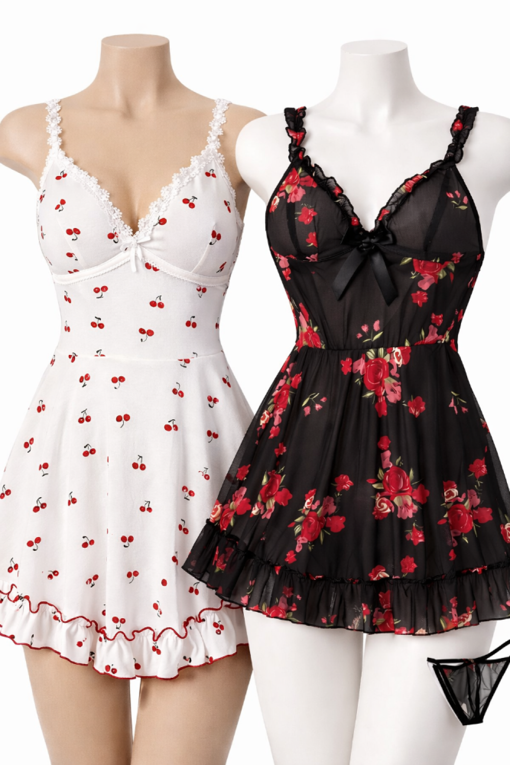 Kadın Beyaz Kiraz Desenli Dantel Detaylı Askılı Babydoll Gecelik