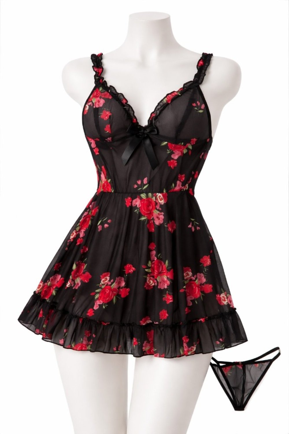 Kadın Beyaz Kiraz Desenli Dantel Detaylı Askılı Babydoll Gecelik