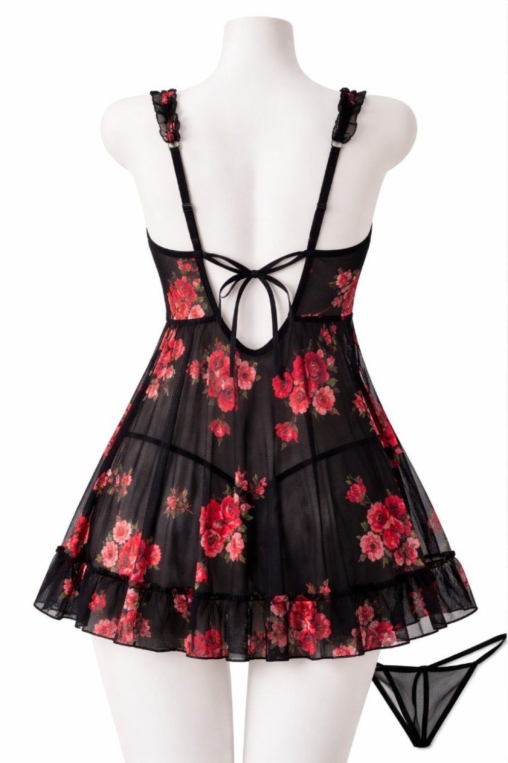 Kadın Beyaz Kiraz Desenli Dantel Detaylı Askılı Babydoll Gecelik